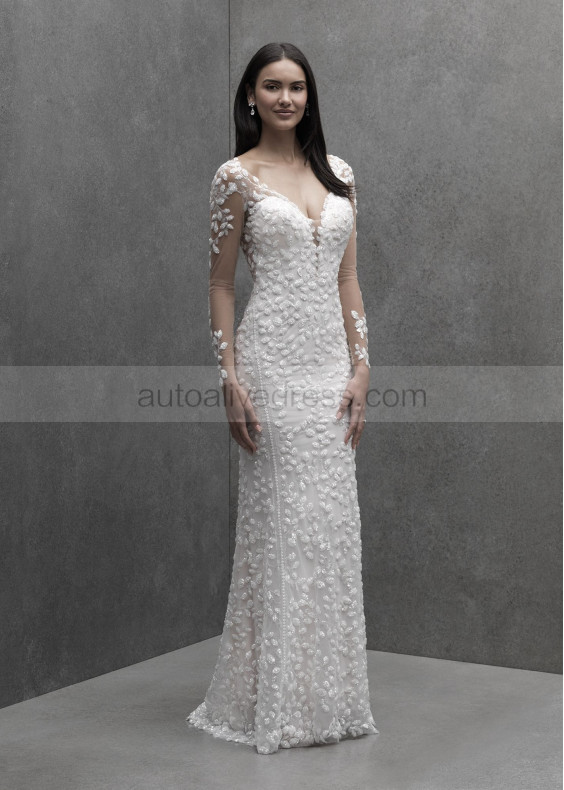Long Illusion Sleeve Ivory Sequined Lace Sheer Back Wedding Dress